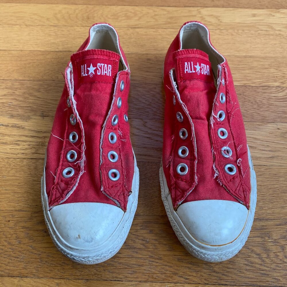 Red Canvas Chuck Taylors Slip On Sneakers